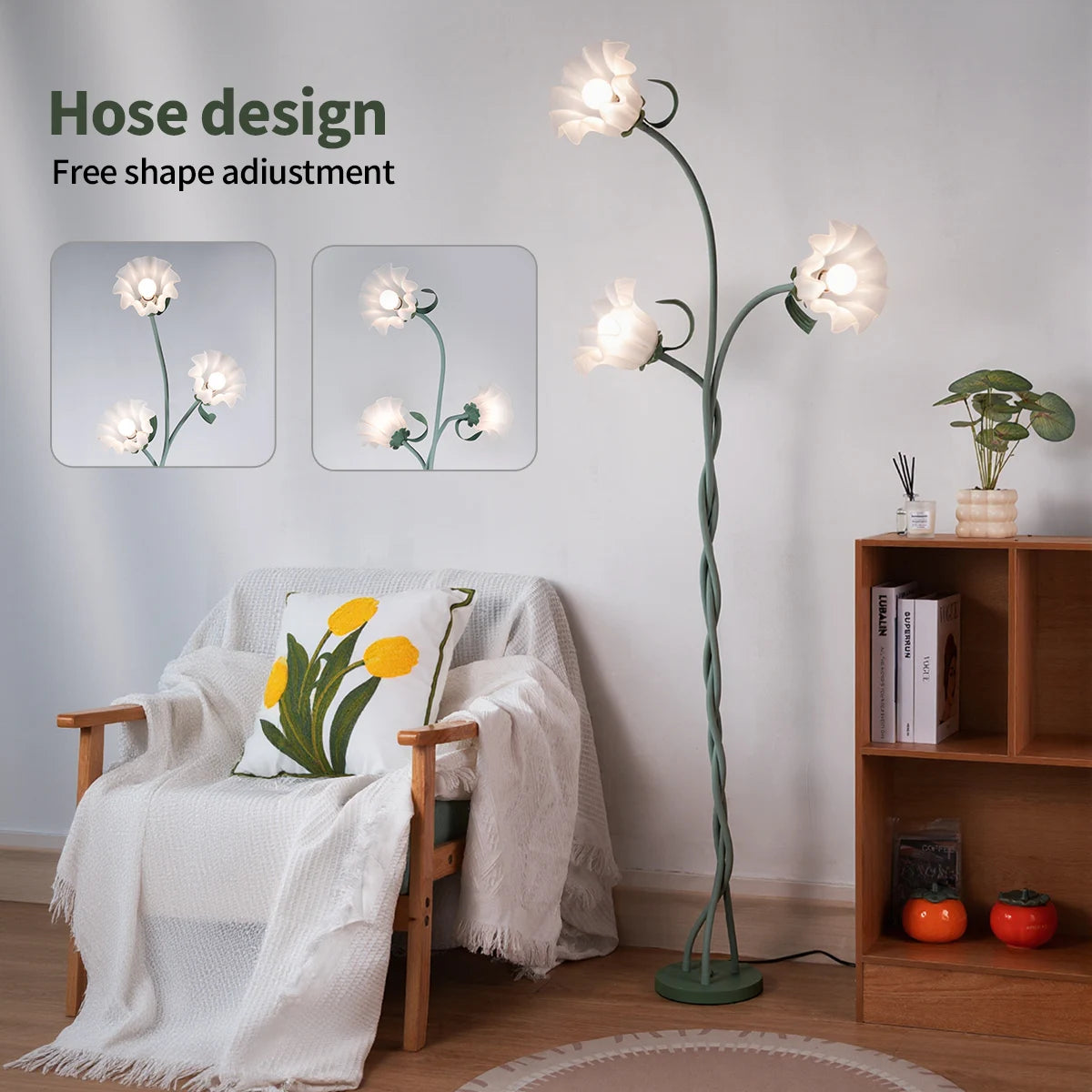 Retro 3-Head Flower Floor Lamp, Contains Bulb, 3-Color Dimmable, with Flexible Neck