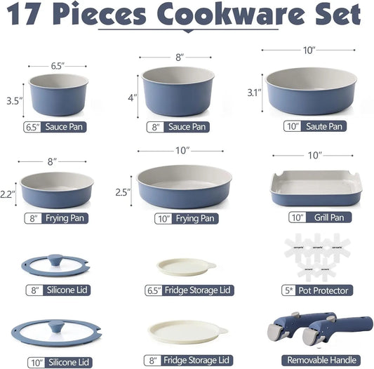 17 Piece Ceramic Pots and Pans Set, Nonstick
