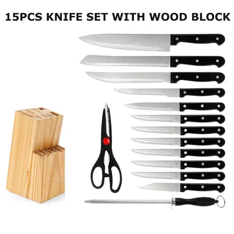 Kitchen Knife Set with Solid Wood Holder 15pcs Stainless Steel