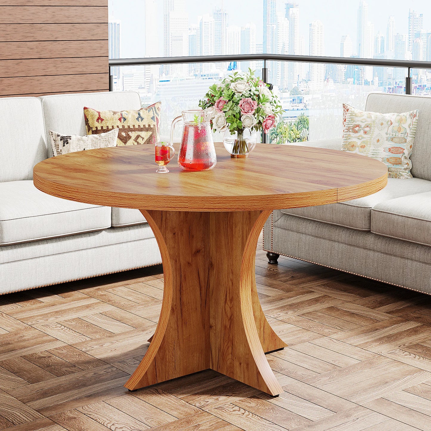 Round Dining Table for 4-6, 47.24-Inch Farmhouse Kitchen Table, Wood