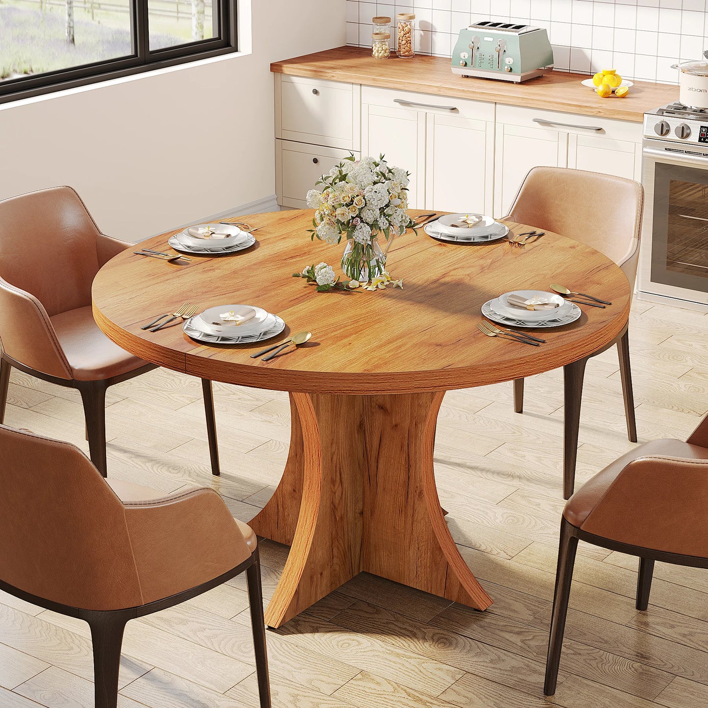 Round Dining Table for 4-6, 47.24-Inch Farmhouse Kitchen Table, Wood