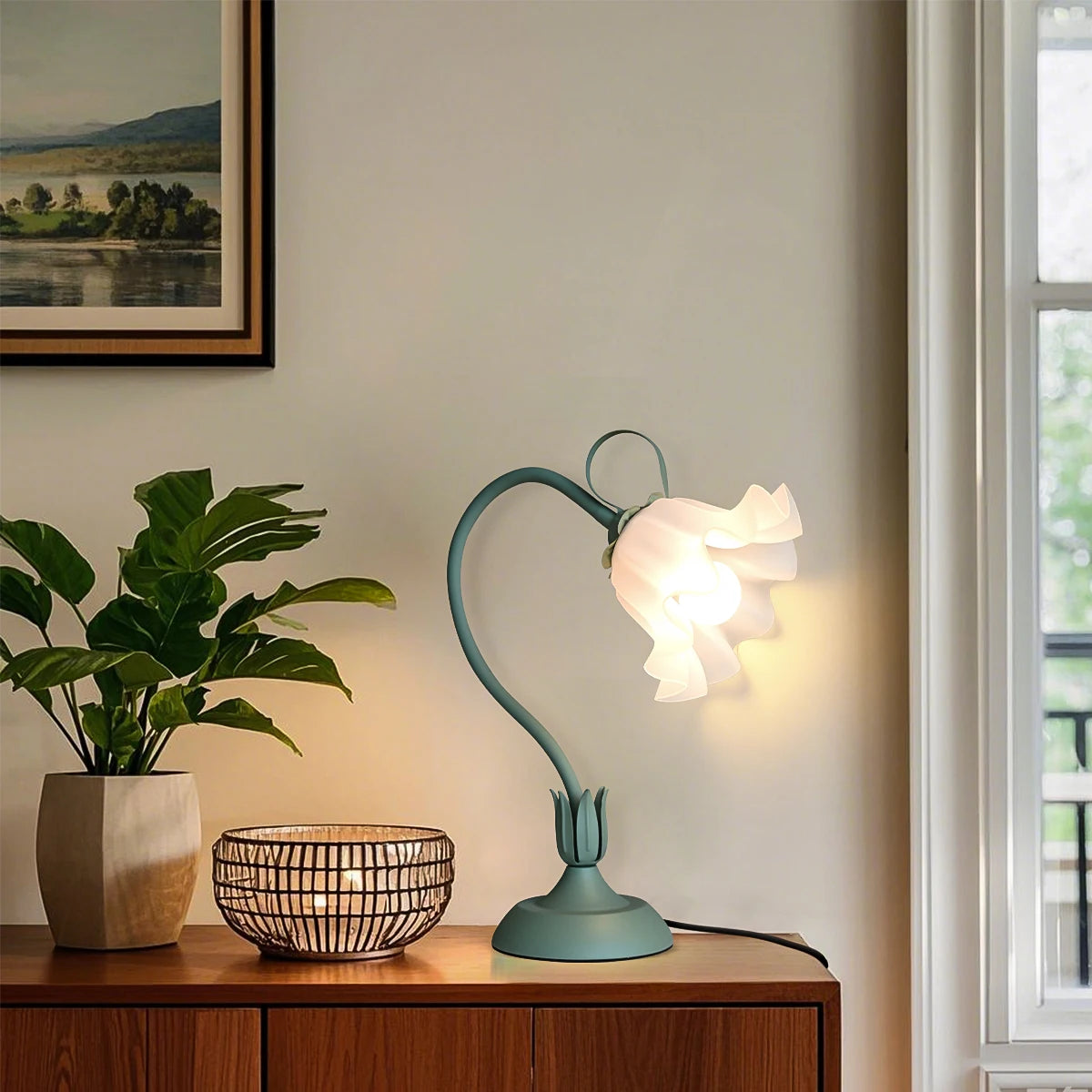 Vintage bedside lamp, flower lamp,