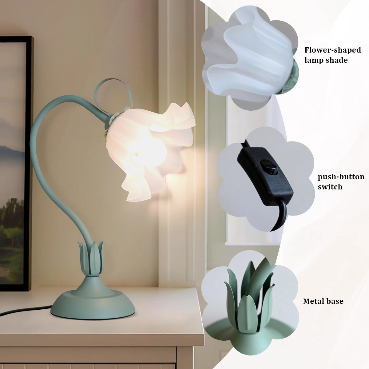 Vintage bedside lamp, flower lamp,