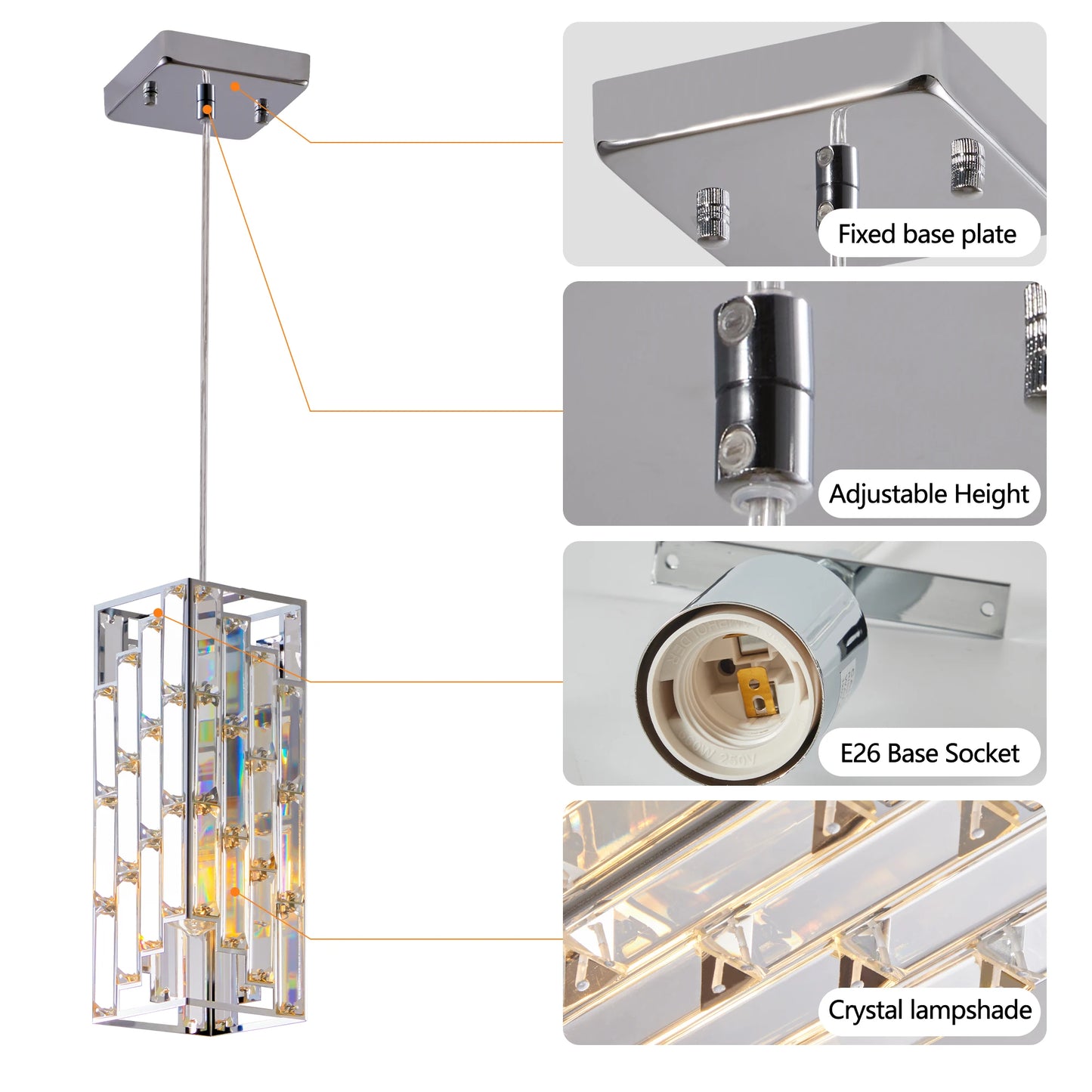 Modern Crystal Pendant Light - 3 Pack, Adjustable Hanging Ceiling Lamp