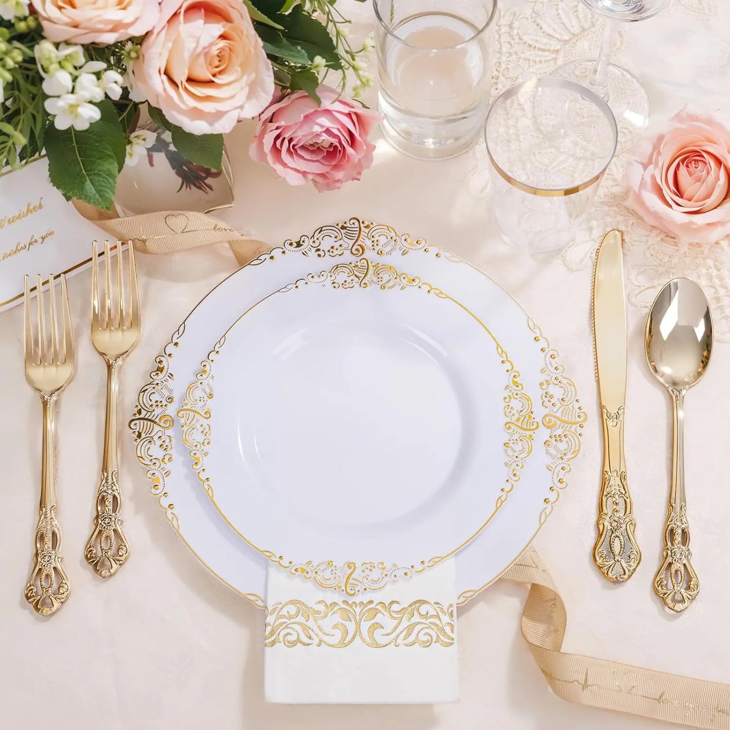 700PCS Gold Plastic Dinnerware Set - White and Gold Disposable Plates for 100 Guest
