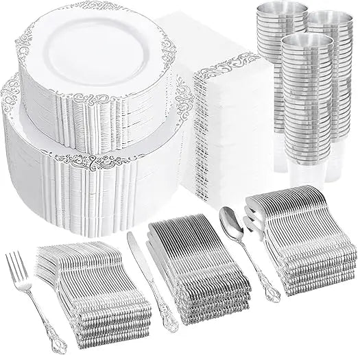 700PCS Gold Plastic Dinnerware Set - White and Gold Disposable Plates for 100 Guest