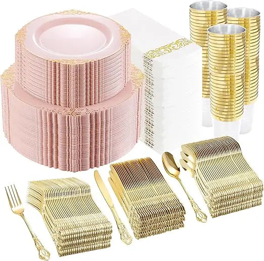 700PCS Gold Plastic Dinnerware Set - White and Gold Disposable Plates for 100 Guest