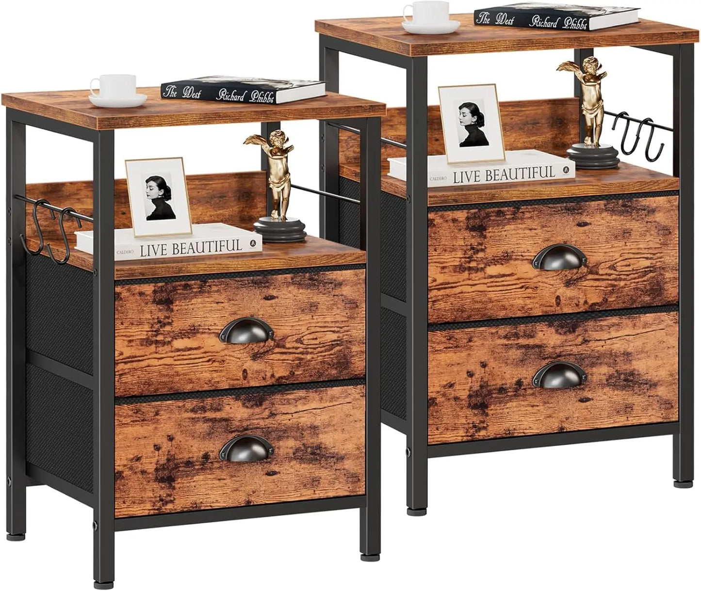 Nightstands Set 2, End Table with 2 Fabric
