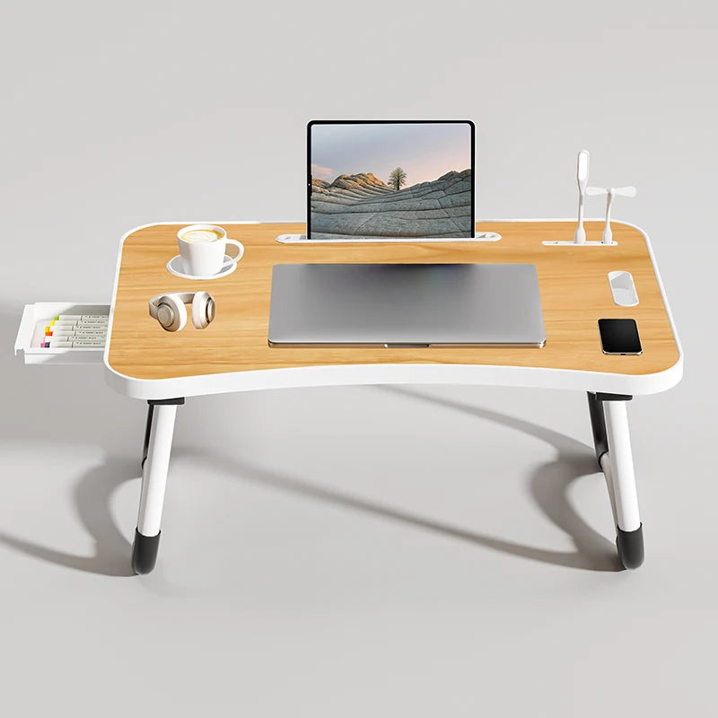 Portable Laptop Desk with USB Light, Small Fan, Cup Holder,