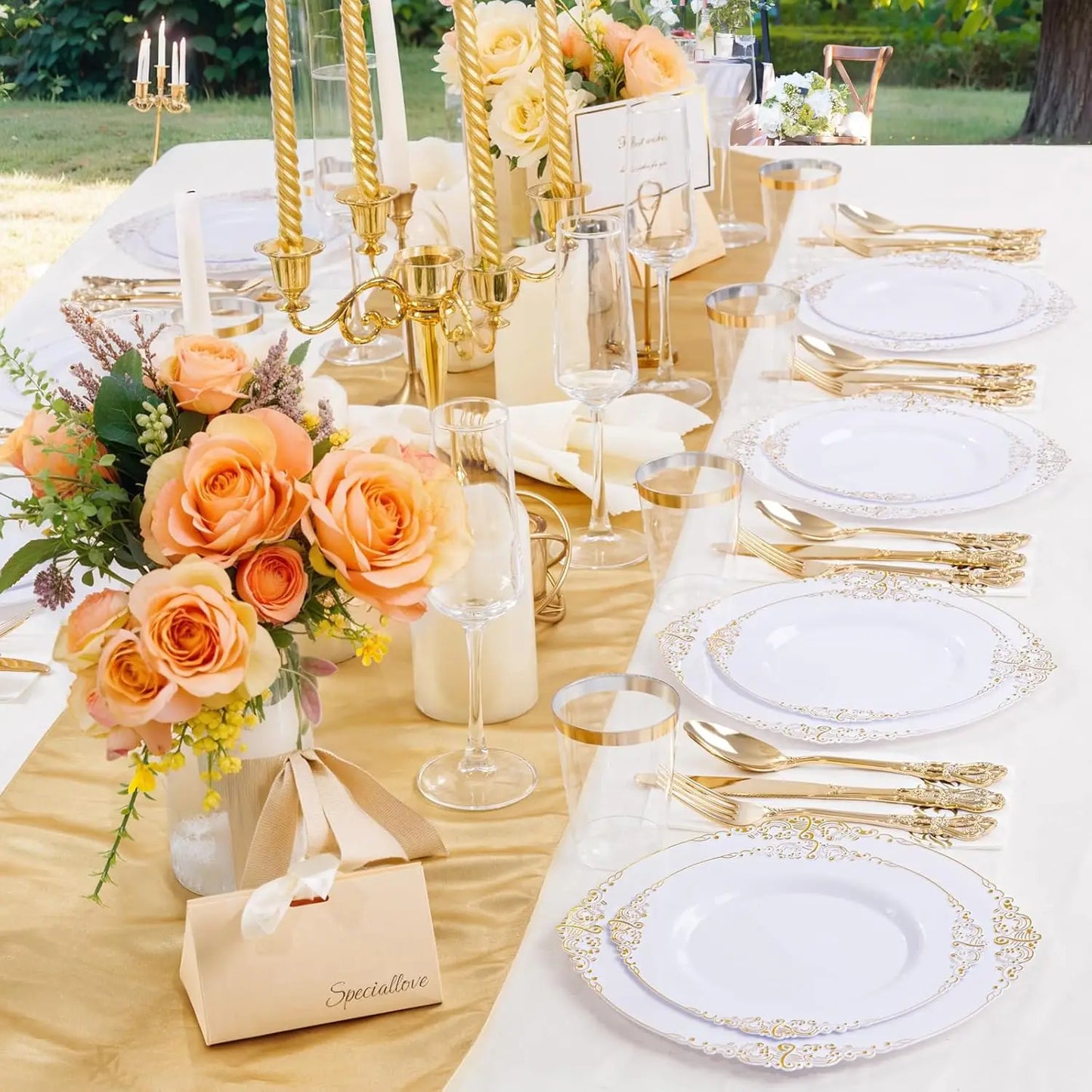 700PCS Gold Plastic Dinnerware Set - White and Gold Disposable Plates for 100 Guest