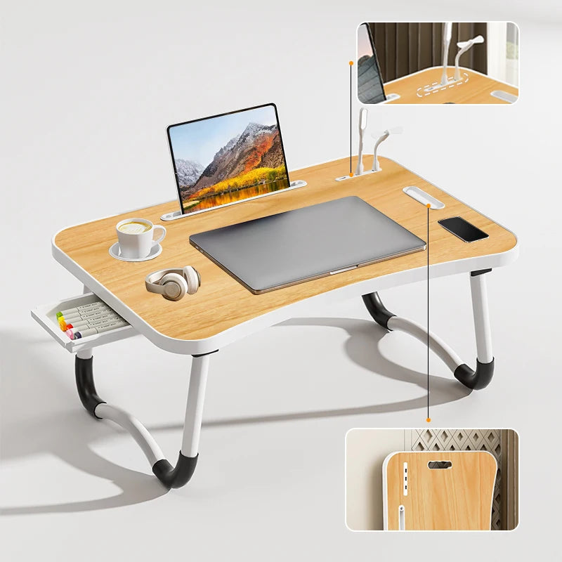 Portable Laptop Desk with USB Light, Small Fan, Cup Holder,