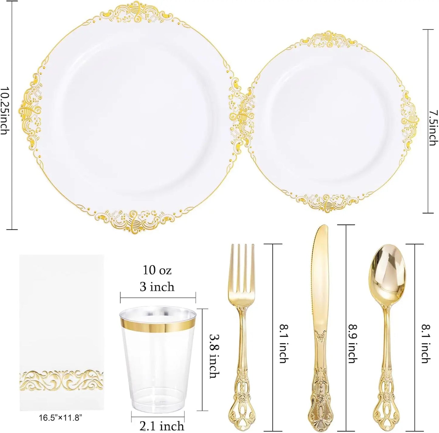 700PCS Gold Plastic Dinnerware Set - White and Gold Disposable Plates for 100 Guest