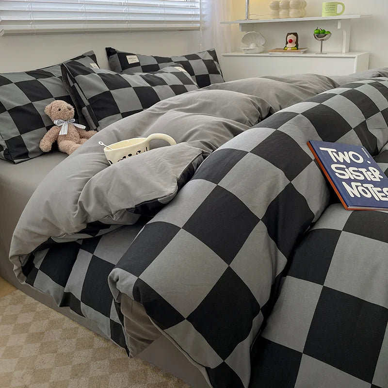 Nordic Plaid Pattern Wash Cotton Bedding Set Duvet Cover