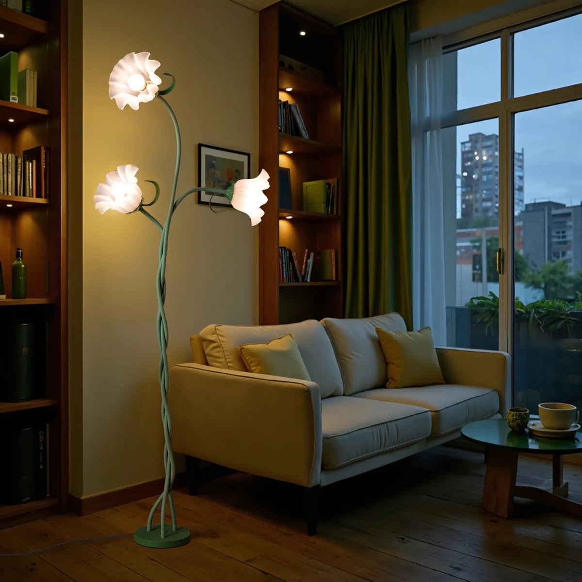 Retro 3-Head Flower Floor Lamp, Contains Bulb, 3-Color Dimmable, with Flexible Neck