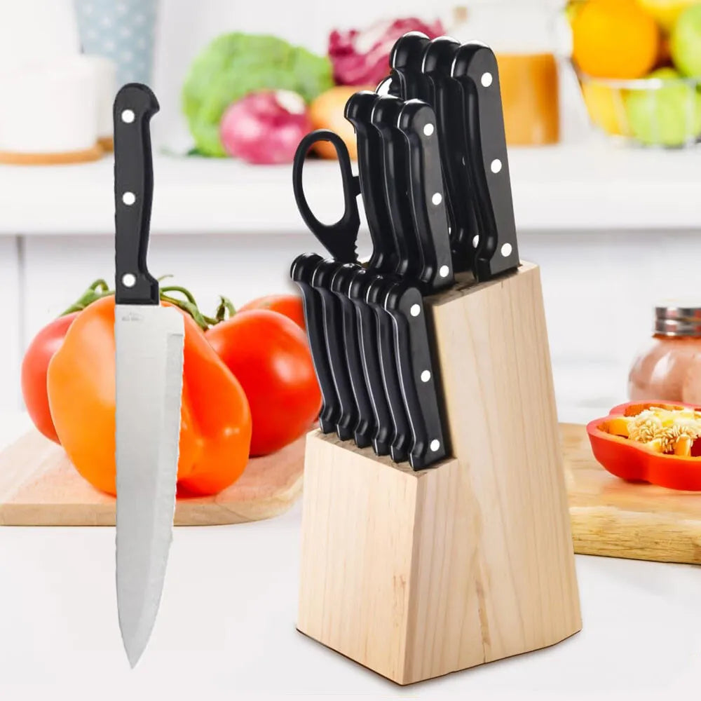 Kitchen Knife Set with Solid Wood Holder 15pcs Stainless Steel