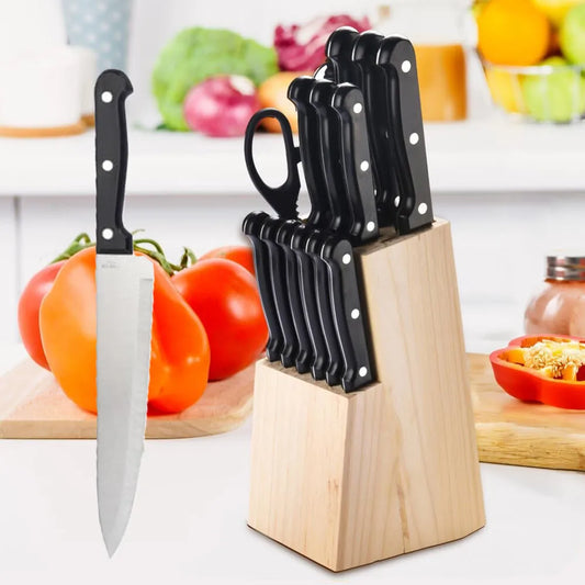 Kitchen Knife Set with Solid Wood Holder 15pcs Stainless Steel