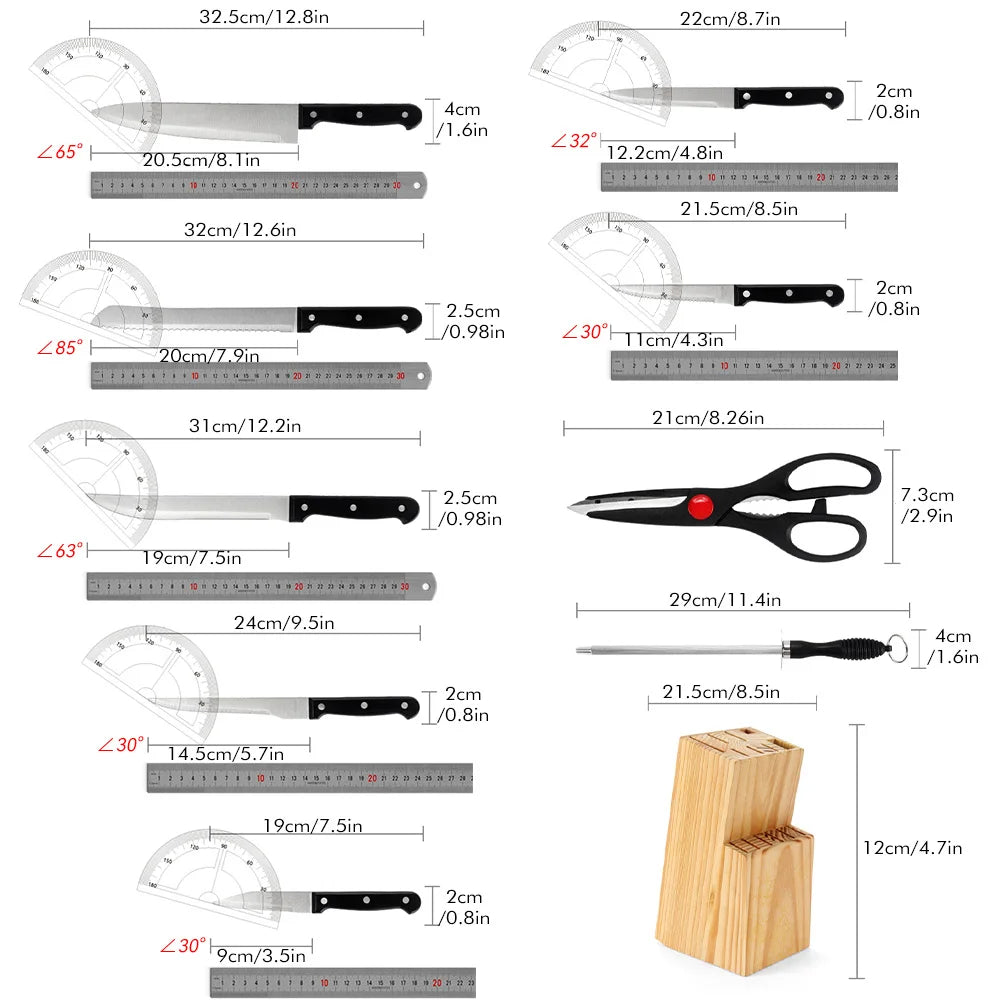 Kitchen Knife Set with Solid Wood Holder 15pcs Stainless Steel