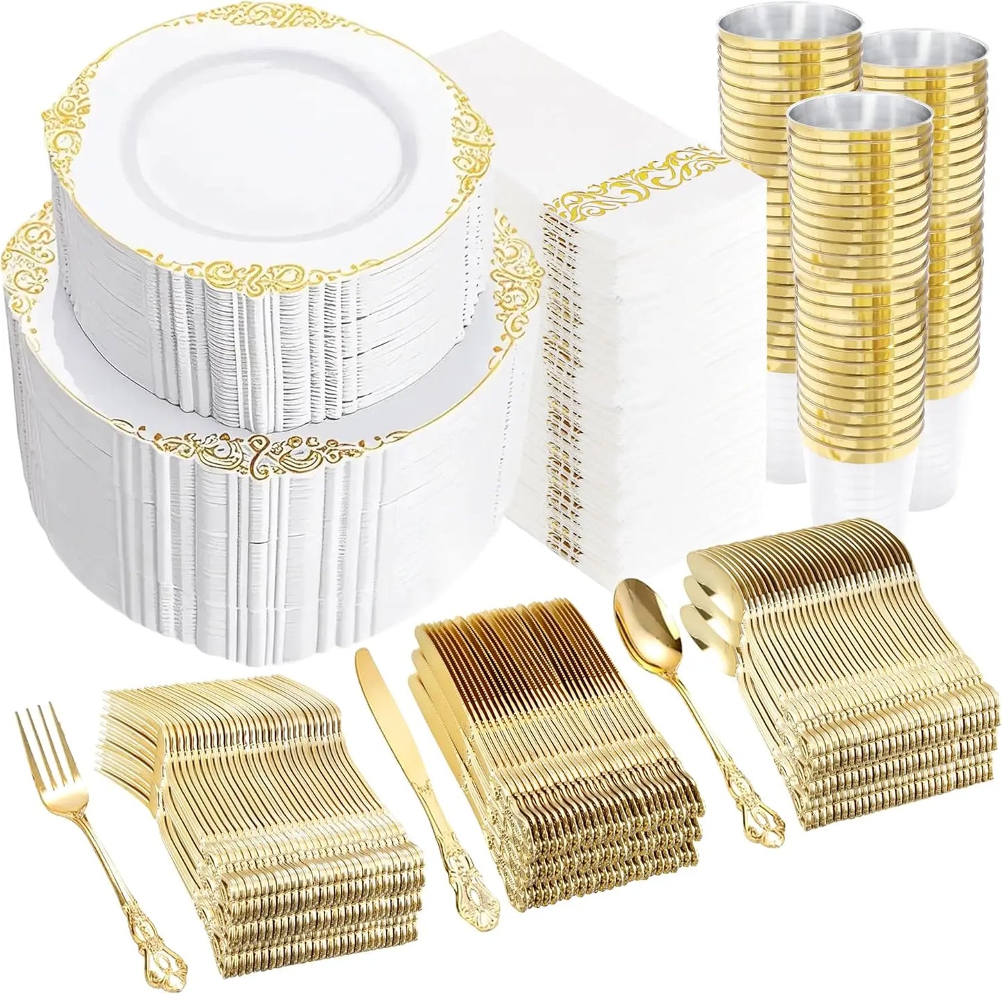 700PCS Gold Plastic Dinnerware Set - White and Gold Disposable Plates for 100 Guest