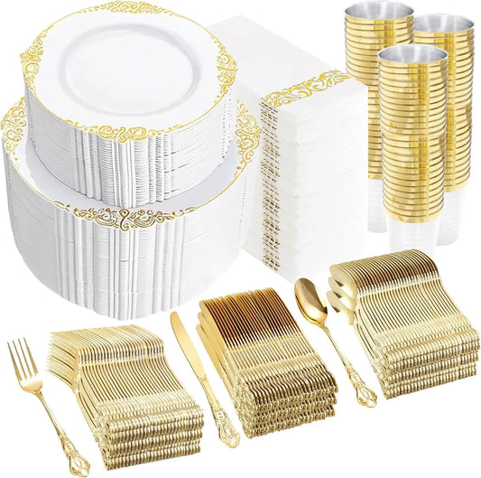 700PCS Gold Plastic Dinnerware Set - White and Gold Disposable Plates for 100 Guest