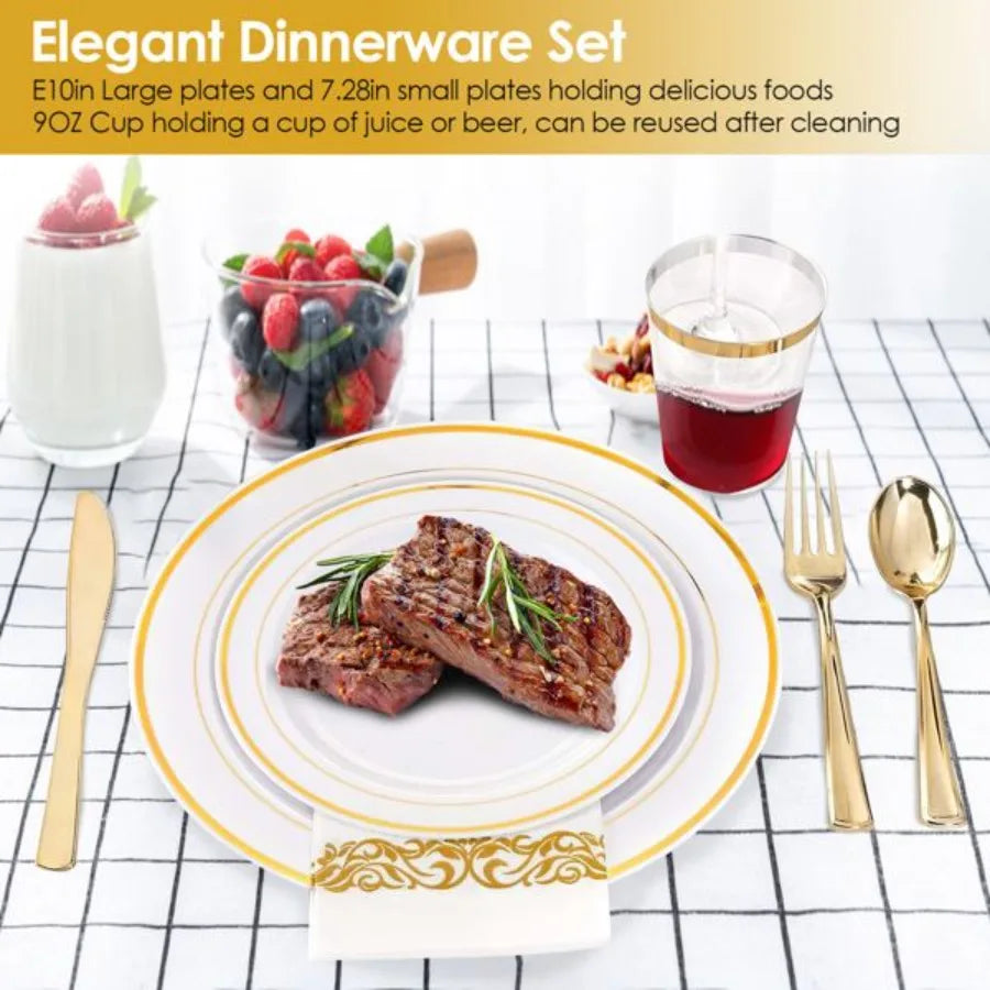 175Pcs Disposable Gold Dinnerware Set Gold Rim Plastic Plates Cups