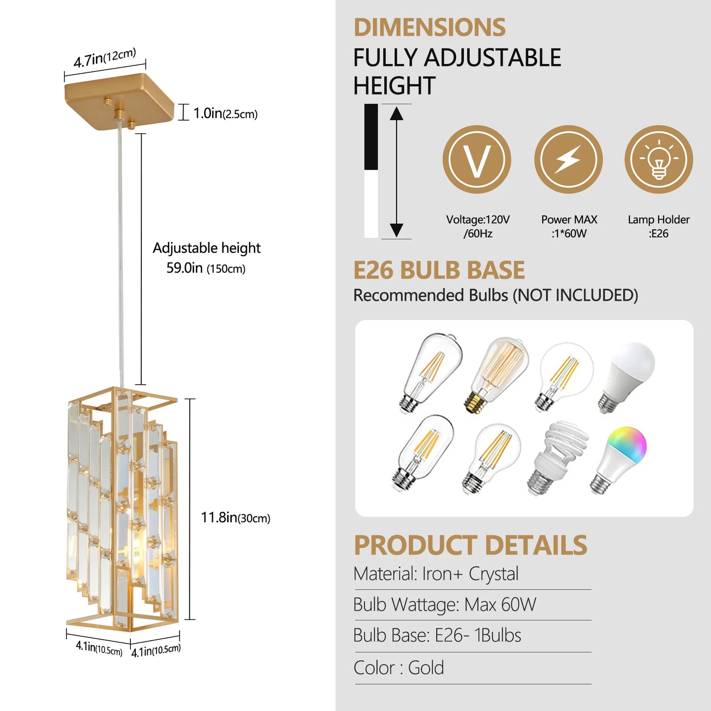 Modern Crystal Pendant Light - 3 Pack, Adjustable Hanging Ceiling