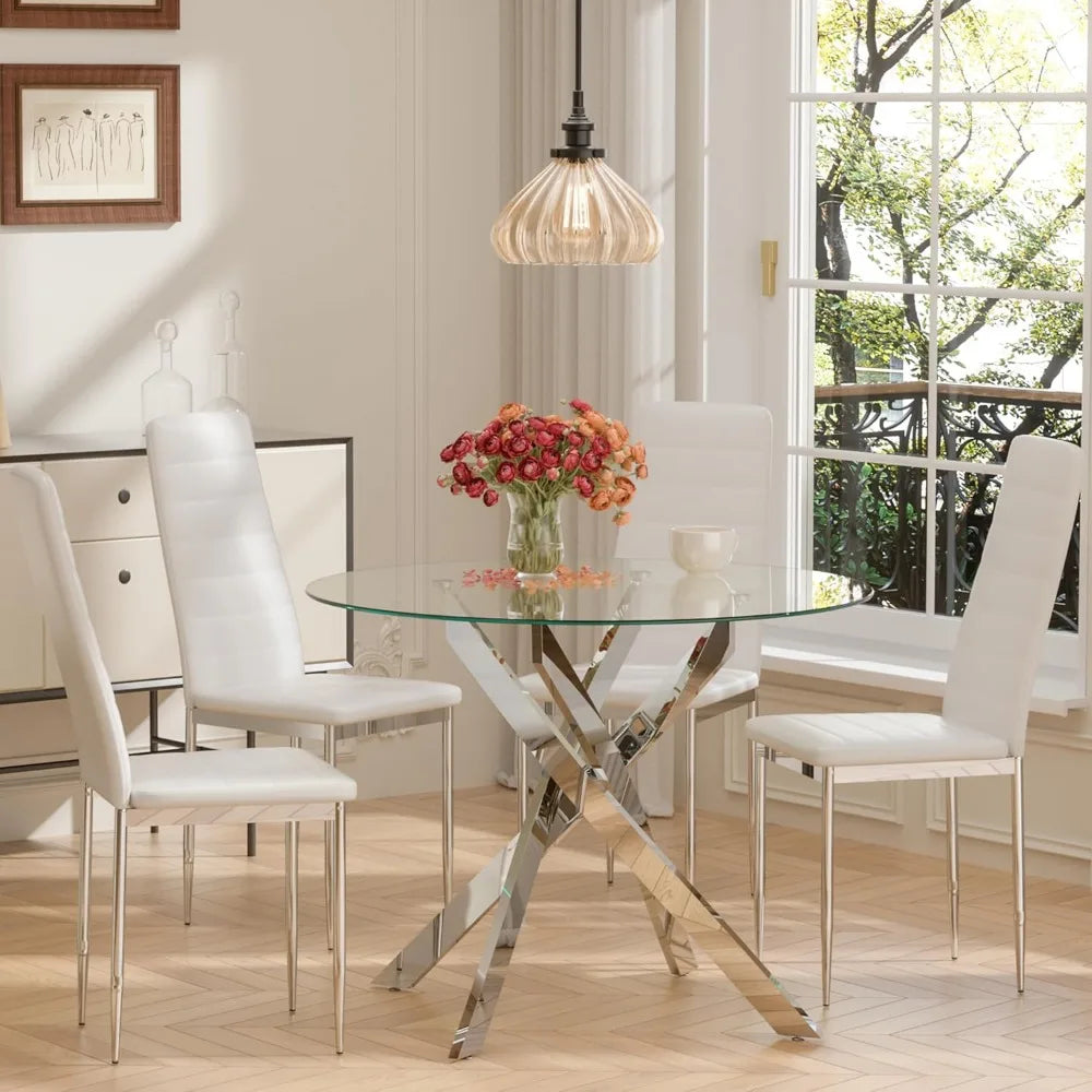 Glass Dining Table,Round Kitchen Table with Chromed Legs,35.3" Small