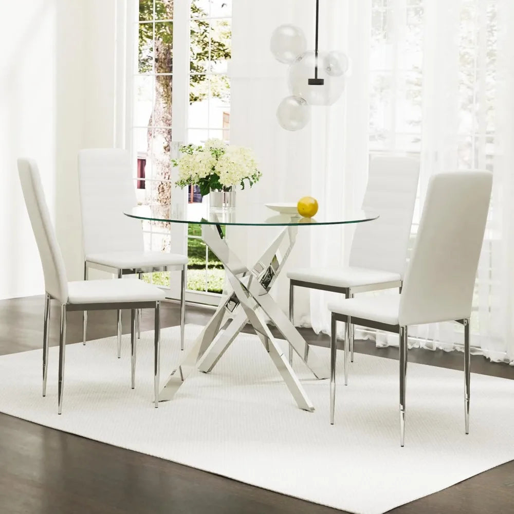 Glass Dining Table,Round Kitchen Table with Chromed Legs,35.3" Small