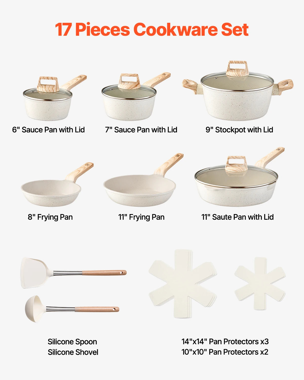 VEVOR 17 Piece Pots and Pans Set Granite Nonstick