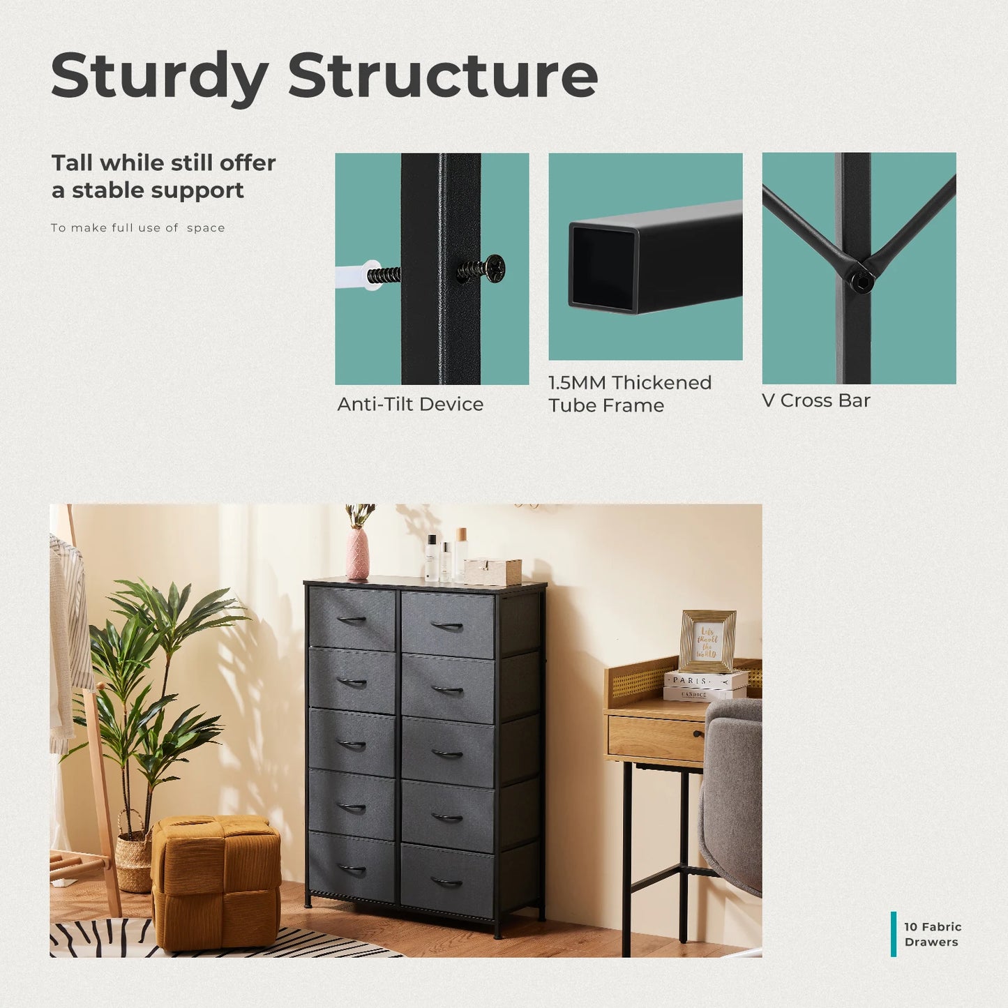 JHK Bedside Table For Bedroom With 10 Fabric Drawers