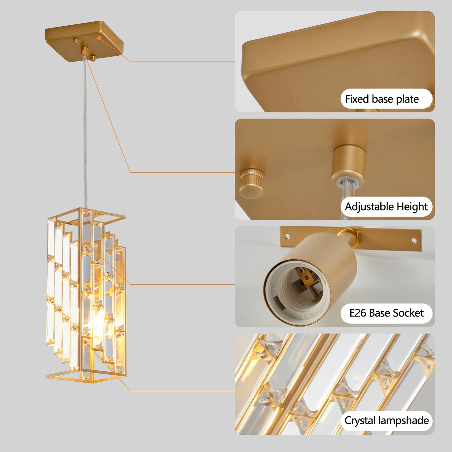 Modern Crystal Pendant Light - 3 Pack, Adjustable Hanging Ceiling