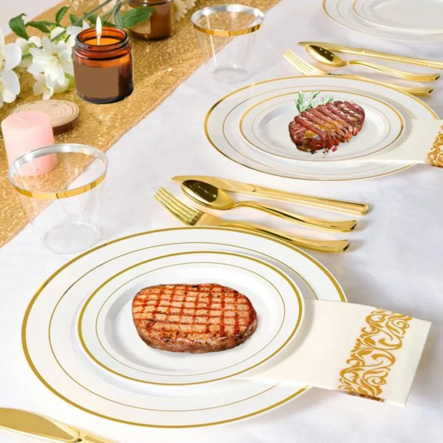 175Pcs Disposable Gold Dinnerware Set Gold Rim Plastic Plates Cups