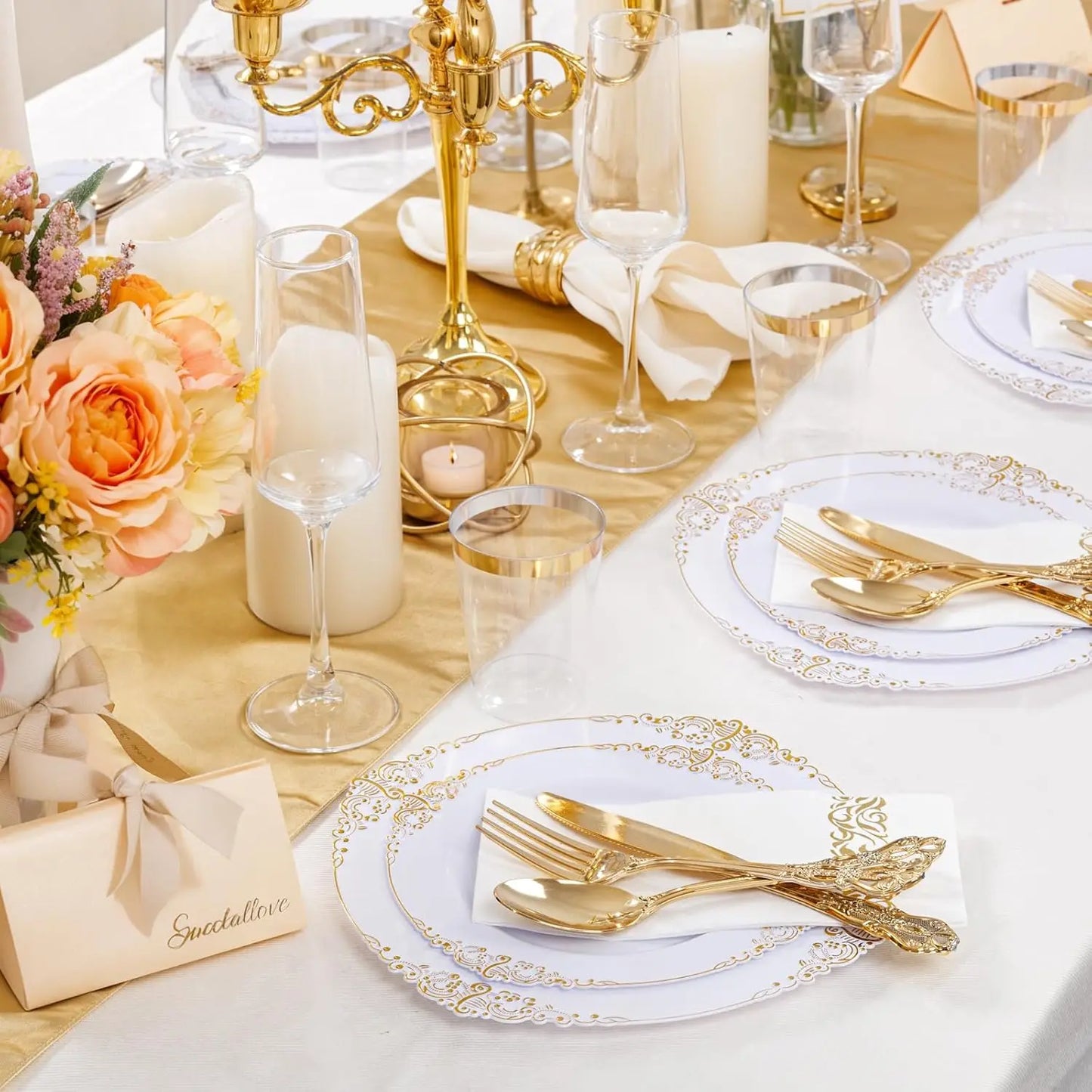 700PCS Gold Plastic Dinnerware Set - White and Gold Disposable Plates for 100 Guest