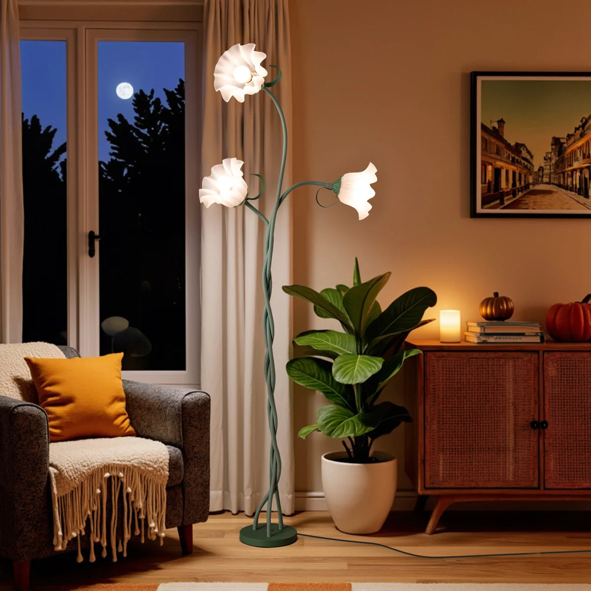 Retro 3-Head Flower Floor Lamp, Contains Bulb, 3-Color Dimmable, with Flexible Neck
