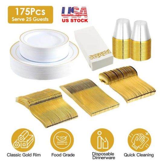 175Pcs Disposable Gold Dinnerware Set Gold Rim Plastic Plates Cups