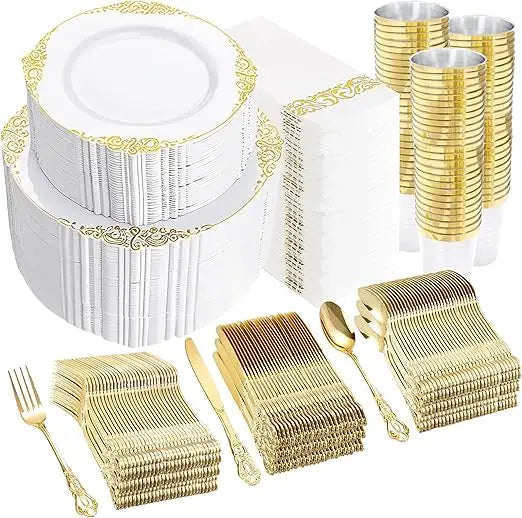 700PCS Gold Plastic Dinnerware Set - White and Gold Disposable Plates for 100 Guest