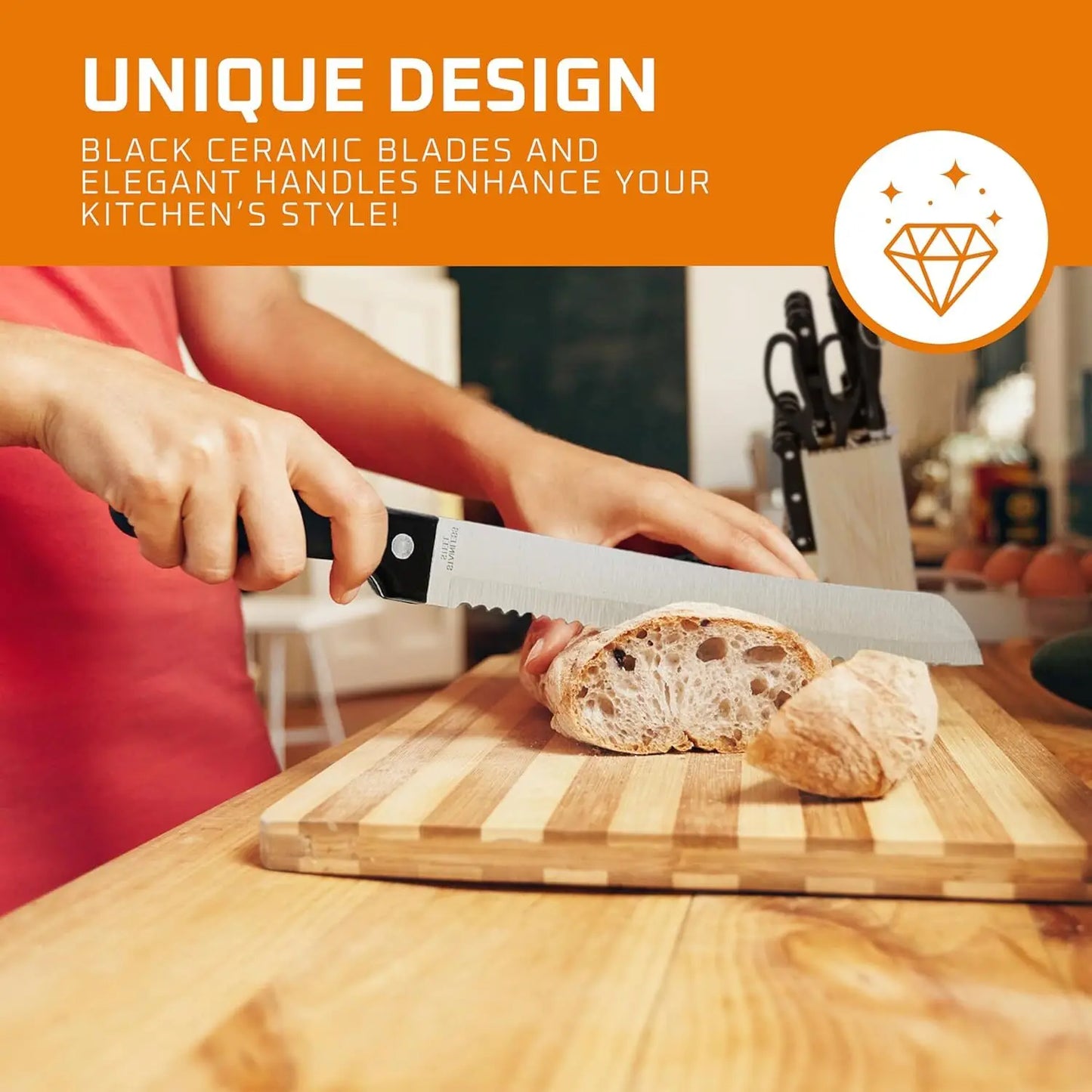 Kitchen Knife Set with Solid Wood Holder 15pcs Stainless Steel
