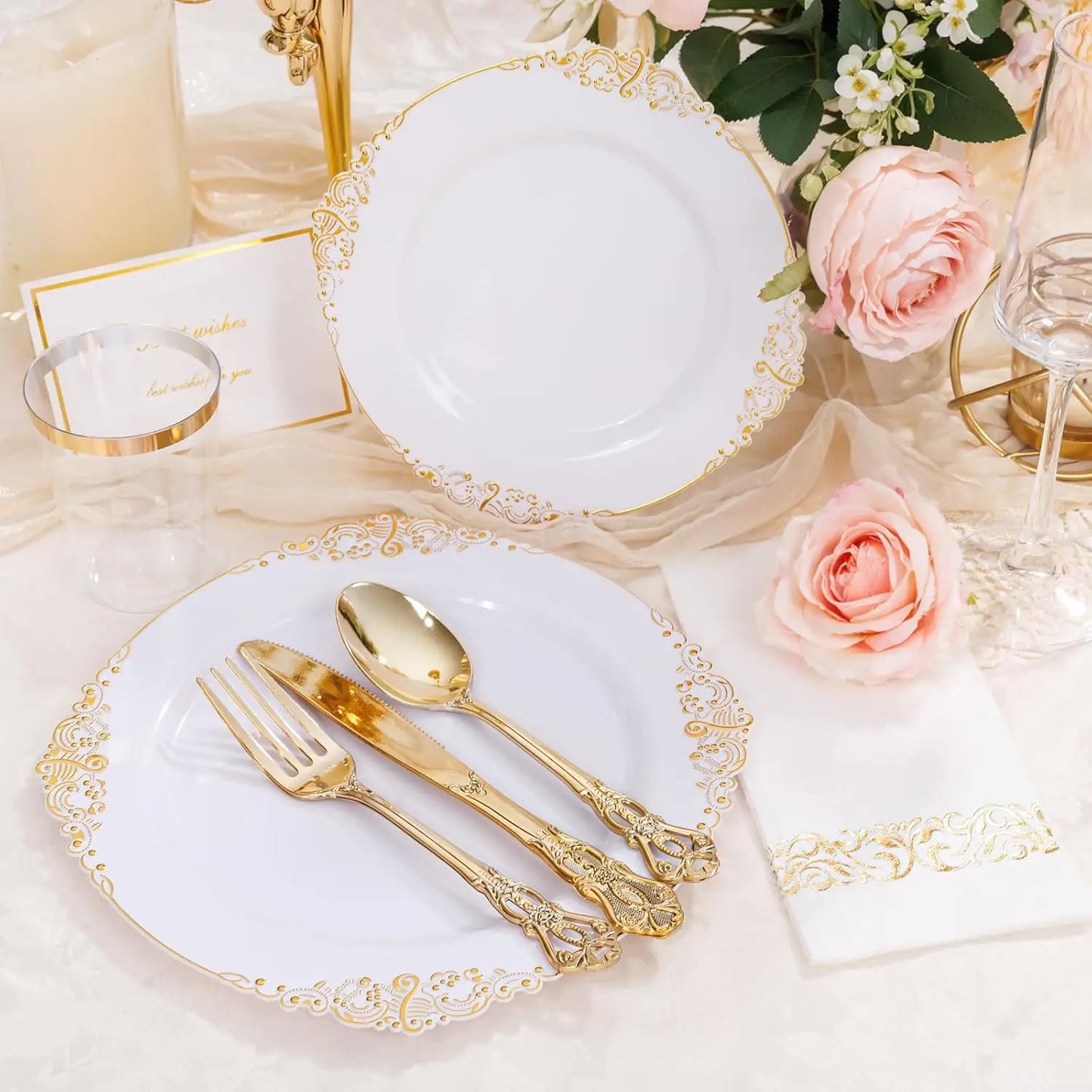 700PCS Gold Plastic Dinnerware Set - White and Gold Disposable Plates for 100 Guest