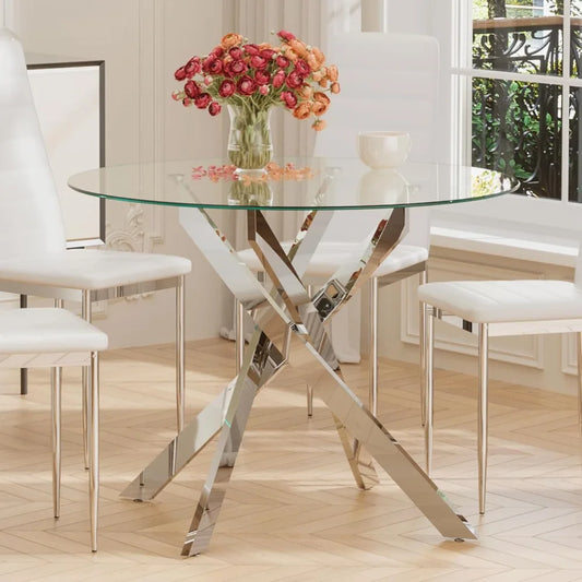 Glass Dining Table,Round Kitchen Table with Chromed Legs,35.3" Small